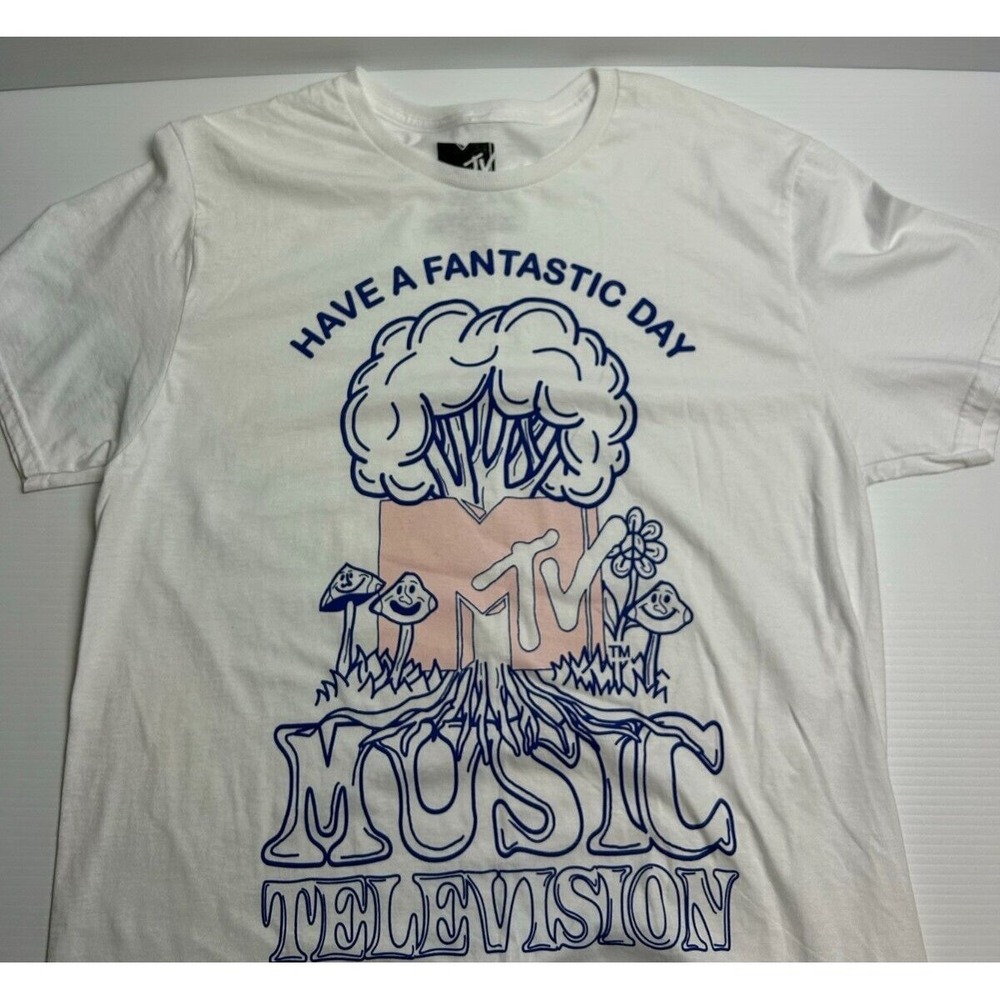 MTV Men's Short Sleeve Graphic Tee Size L Have A Fantastic Day Mushroom White